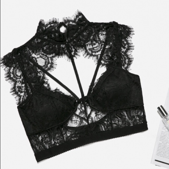 💥 Black Lace Strappy Bustier Crop Top - Picture 3 of 4